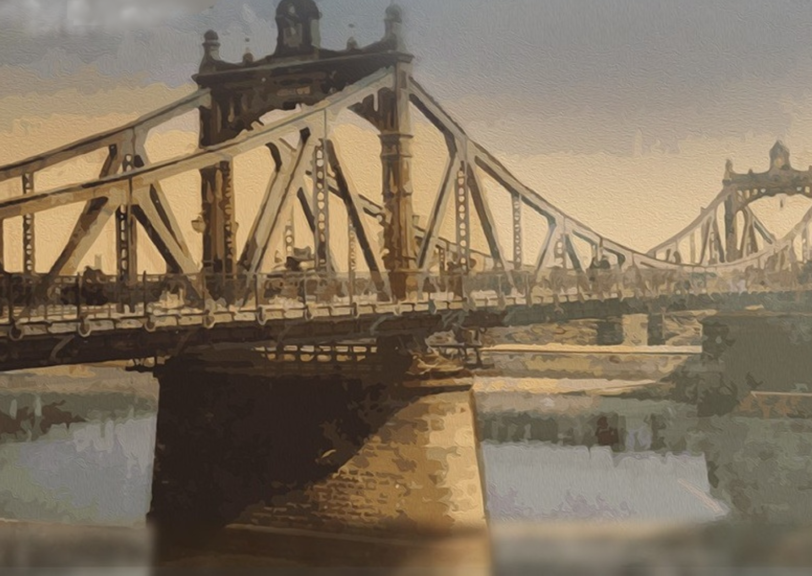 Cyfrowo namalowany obraz starego żelaznego mostu nad szeroką rzeką z solidnymi kamiennymi filarami, pod zachmurzonym niebem w ciepłych, stonowanych kolorach - oddający tajemniczy urok Salon Bizarre.