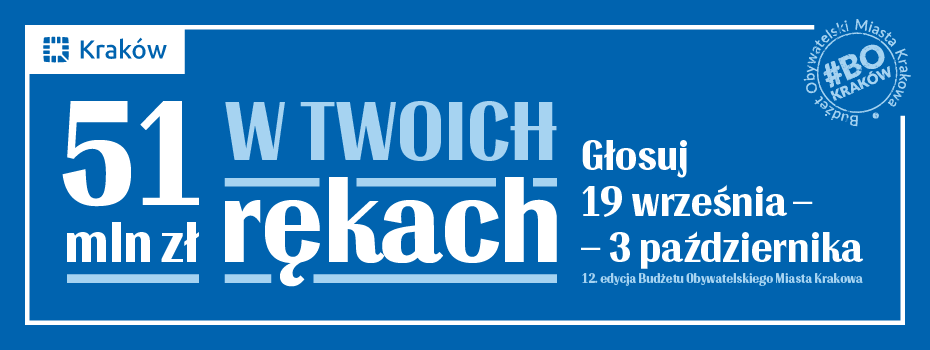 Niebieski baner z logo Krakowa i tekstem: 51 mln zł w twoich rękach. Twój głos ma znaczenie! Głosowanie 19 września - 3 października, budżet obywatelski 2025. Białe logo #BO Kraków w rogu.