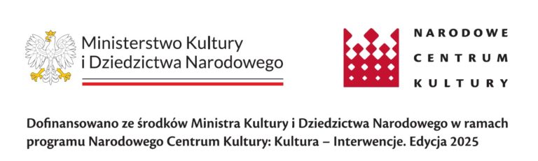 Logotypy Ministerstwa Kultury i Dziedzictwa Narodowego oraz Narodowego Centrum Kultury z polskim tekstem o dofinansowaniu z programu Kultura - Interwencje 2025, oznaczającym 110. rocznicę połączenia Podgórza z Krakowem.