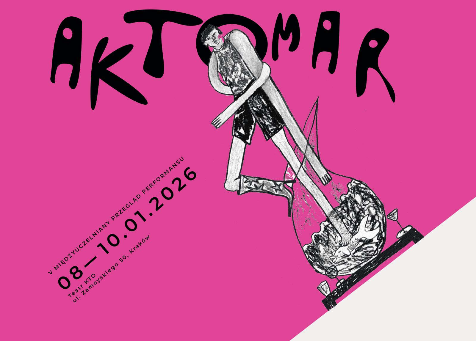 Stylizowany plakat z różowym tłem zawiera słowo AKTOMAR napisane pogrubionymi czarnymi literami oraz abstrakcyjny rysunek osoby z przerysowanymi kończynami. Szczegóły wydarzenia podano na 8-10 stycznia 2026 r. w Krakowie, Polska.