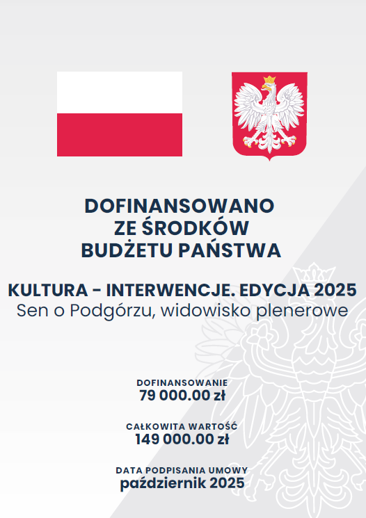 Plakat z polską flagą i godłem. Tekst zapowiada finansowanie przez państwo plenerowego wydarzenia kulturalnego w Podgórzu w 2025 r., ze szczegółami finansowymi i datą podpisania w październiku 2025 r.