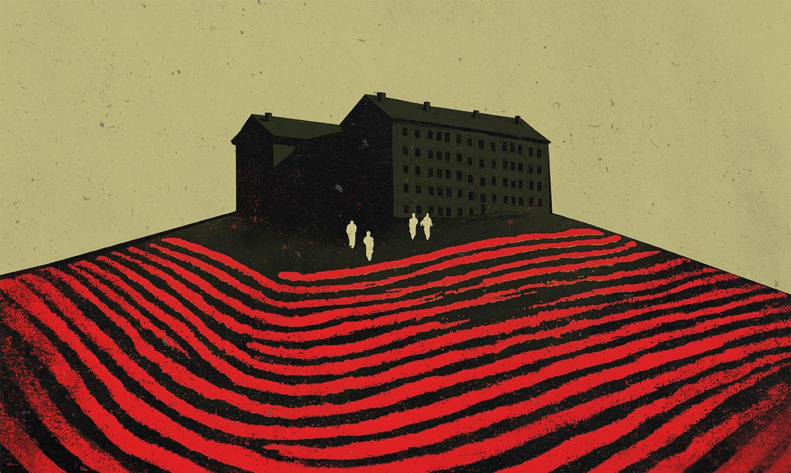 Ciemny budynek stoi na szczycie wzgórza z czerwonymi i czarnymi pasami przypominającymi pola. Trzy sylwetki idą w kierunku Teatru KTO pod żółtawym niebem, tworząc ponurą i tajemniczą atmosferę.