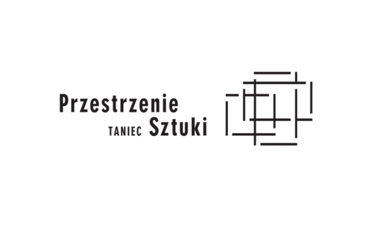 Czarny tekst Przestrzenie Sztuki Taniec obok abstrakcyjnego geometrycznego wzoru przecinających się czarnych linii, wszystko na białym tle.