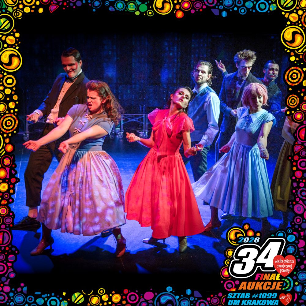 Grupa aktorów w kostiumach w stylu vintage z Teatru KTO wykonuje żywy taniec na scenie pod kolorowymi światłami. Ozdobne, żywe obramowanie i logo 34. Finału WOŚP Aukcje 2026 otaczają obraz, oddając ducha spektaklu Bal.