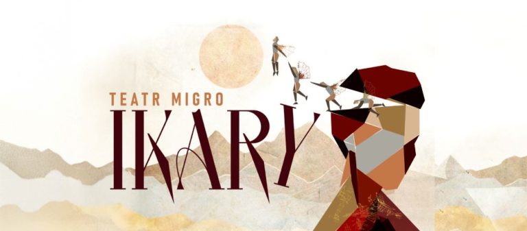 Abstrakcyjna ilustracja z geometrycznymi kształtami tworzącymi ludzką głowę z profilu, wzorami przypominającymi góry w tle i małymi skrzydlatymi postaciami latającymi nad pogrubionym tekstem "Teatr Migro IKARY". Widoczne słońce - premiera w Teatrze KTO.