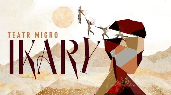 Abstrakcyjna ilustracja dla Teatru Migro IKARY przedstawiająca stylizowane postacie ludzkie ze skrzydłami, geometryczny profil twarzy, góry, duże słońce i pogrubiony tekst "Ikary" na stonowanym, ziemistym tle.