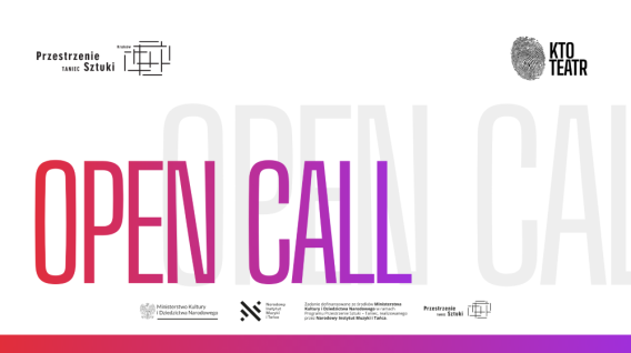 Grafika z napisem OPEN CALL dużymi różowymi i fioletowymi literami, logotypami na górze i na dole oraz białym tłem. Tekst i logotypy odnoszą się do Przestrzeni Sztuki Taniec i Narodowego Instytutu Muzyki i Tańca dla ogłoszenia o wydarzeniu artystycznym lub teatralnym.